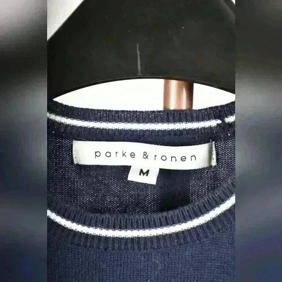 PARKE & RONEN Navy Blue Fontalina Striped Ribbed Knit Cotton Sweater Tee Medium - Picture 3 of 6